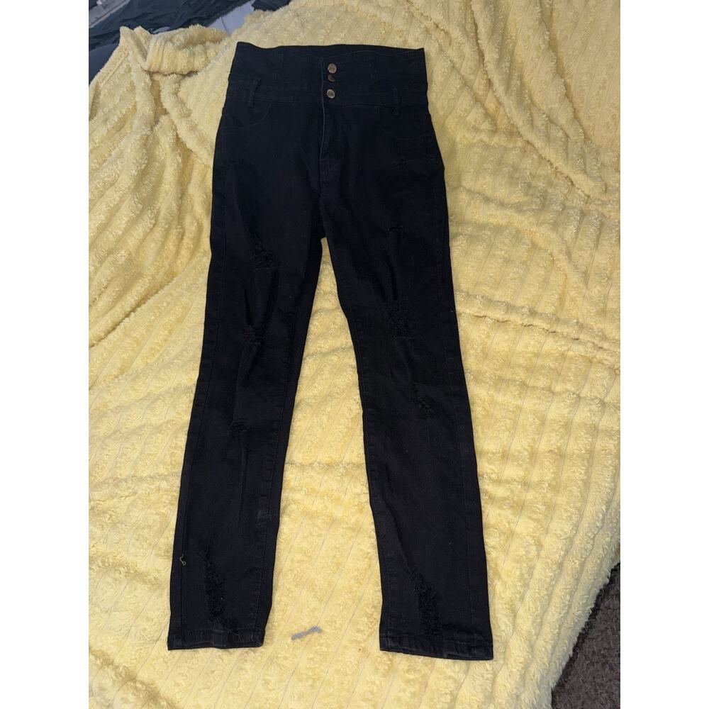 Women’s High Rise 90’s Style Black Stretchy Distressed Straight Jeans Large 30